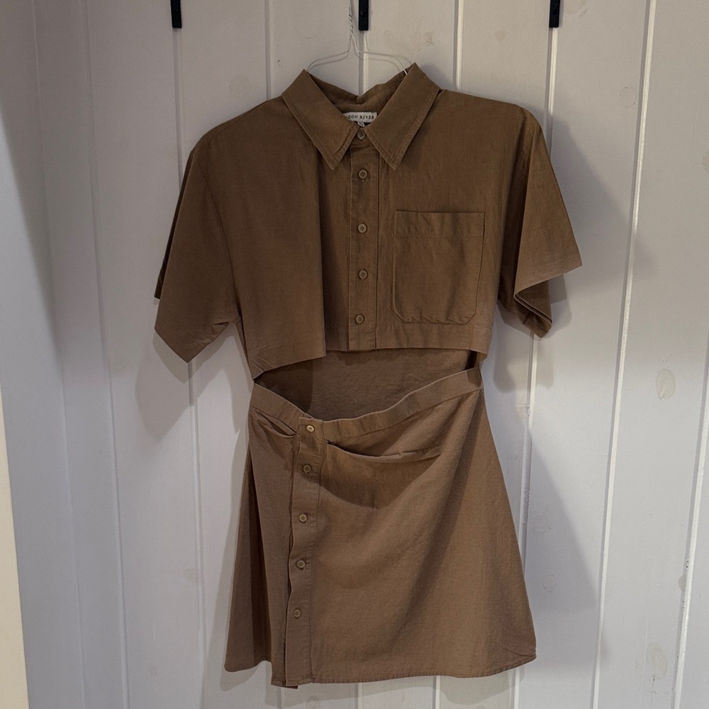 Moon River Tan Linen Button Down Dress